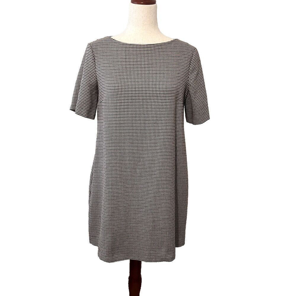 Zara Woman Plaid Dress Short Sleeve Mini Size Medium Brown Shift Academia Preppy
